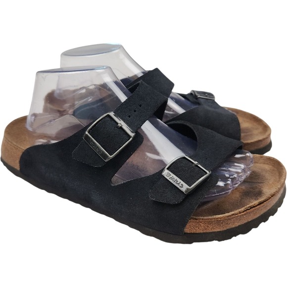 Birkenstock Birki's Arizona-Style Black Suede W9 M7 Two Strap Sandals Slides - Picture 2 of 9